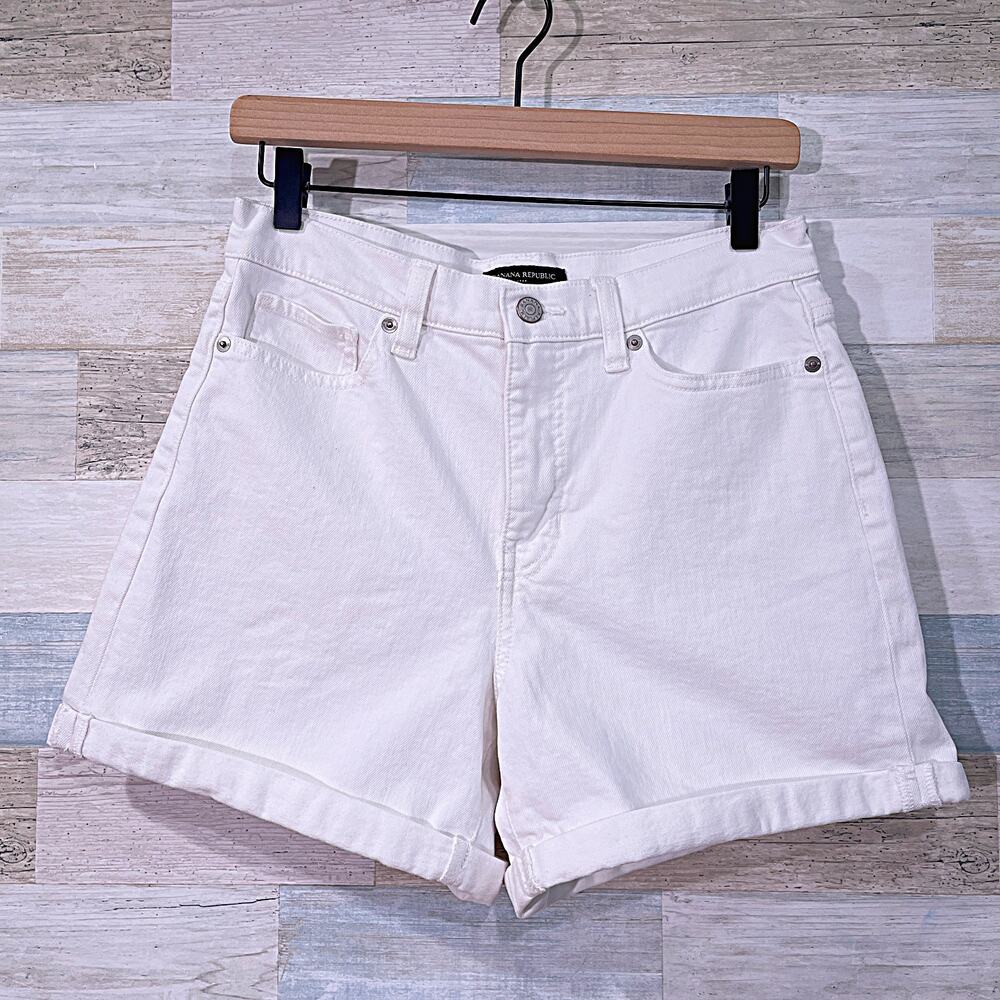 BANANA REPUBLIC High Rise A Line Denim Shorts White Cuffed Stretch Womens 4 27